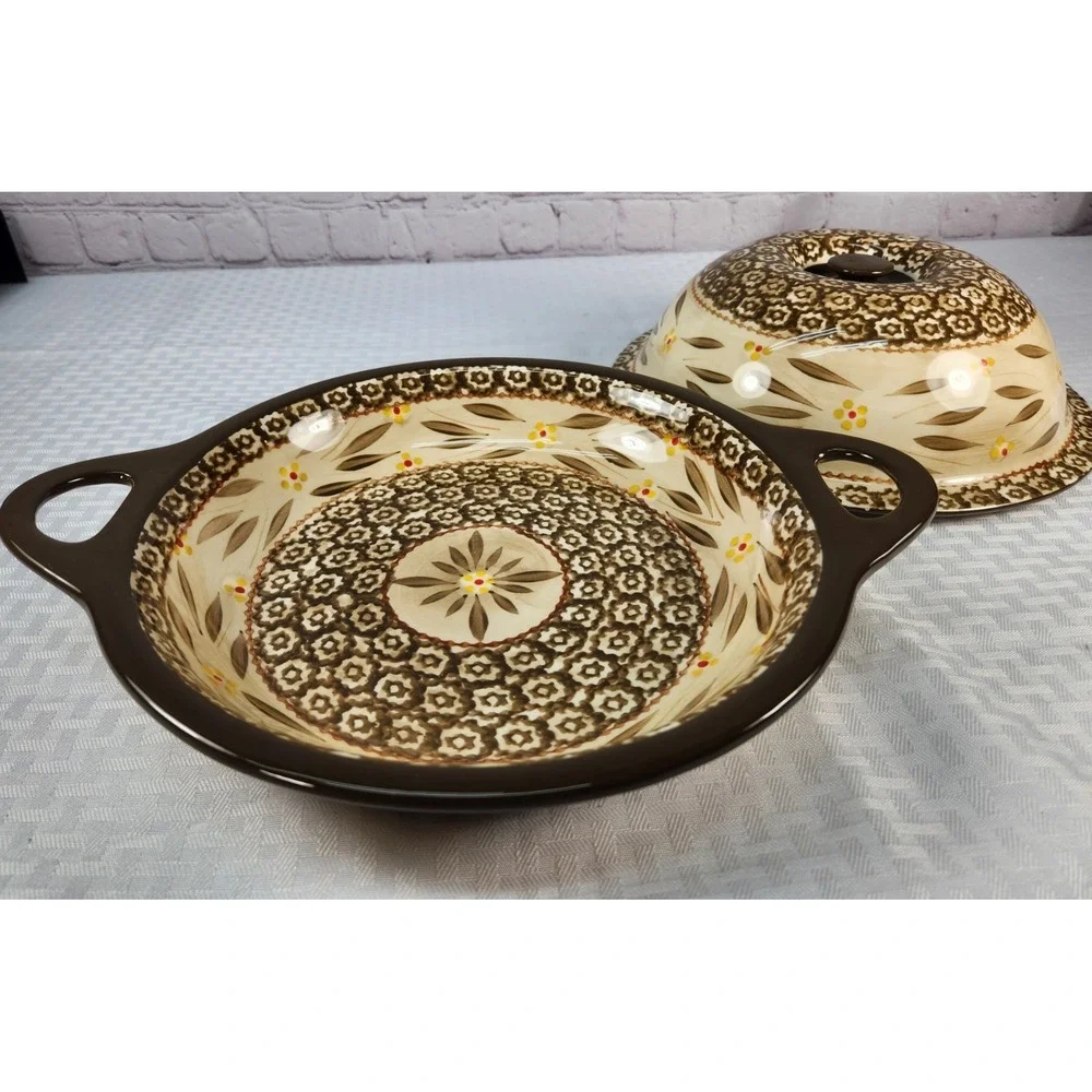 Set‎ 2 Temptations By TARA Old World Brown Yellow Pie Dish & Lid / Serving Bowl